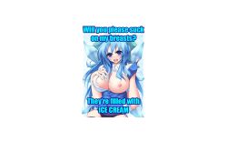 Rule 34 | 1girl, blue hair, breasts, cirno, cleavage, food, ice cream, large breasts, looking at viewer, solo, touhou, truth, wings