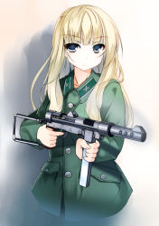 Rule 34 | 1girl, angry, blonde hair, blunt bangs, buttons, carl gustaf m/45, closed mouth, coat, collar, finger on trigger, green coat, grey eyes, gun, holding, holding weapon, insignia, long hair, looking at viewer, military, original, pocket, samazuka mashiro, shadow, simple background, solo, submachine gun, swedish uniform, weapon