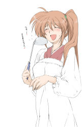 Rule 34 | 00s, 1girl, :d, apron, blush, brown hair, closed eyes, eyebrows hidden by hair, highres, housewife, kappougi, ladle, lyrical nanoha, mahou shoujo lyrical nanoha, mahou shoujo lyrical nanoha strikers, open mouth, side ponytail, simple background, smile, solo, sweatdrop, takamachi nanoha, translation request, white background