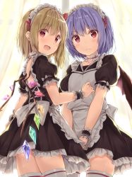 Rule 34 | 2girls, alternate costume, apron, bat wings, black wings, blonde hair, blue hair, commentary request, cowboy shot, curtains, detached collar, enmaided, flandre scarlet, frown, hair ribbon, indoors, izuru, looking at viewer, maid, maid headdress, multiple girls, open mouth, puffy short sleeves, puffy sleeves, red eyes, red ribbon, remilia scarlet, ribbon, short hair, short sleeves, siblings, sisters, smile, standing, thighhighs, touhou, white legwear, window, wings, wrist cuffs