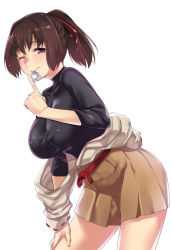 Rule 34 | 10s, 1girl, bad id, bad pixiv id, blush, breasts, brown eyes, brown hair, condom, condom in mouth, hair ribbon, ise (kancolle), japanese clothes, kantai collection, large breasts, mouth hold, off shoulder, one eye closed, ponytail, ribbon, short hair, simple background, skirt, smile, solo, tomohiro kai, white background