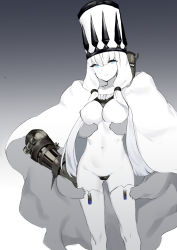 Rule 34 | 1girl, abyssal ship, akagi kurage, armor, blue eyes, boots, breasts, c-string, coat, colored skin, crown, fur coat, grey background, hat, highres, kantai collection, long hair, looking at viewer, navel, no bra, northern water princess, sidelocks, simple background, solo, strapless bottom, thigh boots, thighhighs, twintails, white hair, white skin