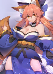 Rule 34 | 1girl, absurdres, animal ears, bare shoulders, blue bow, blue kimono, blue sleeves, blue thighhighs, bow, breasts, choker, cleavage, closed mouth, collarbone, commentary, cowboy shot, detached sleeves, english commentary, fate/extra, fate/extra ccc, fate (series), fox ears, fox shadow puppet, fox tail, hair between eyes, hair bow, highres, japanese clothes, kimono, large breasts, long hair, long sleeves, looking at viewer, orange eyes, pink hair, rayrie, side slit, smile, solo, standing, strapless, tail, tamamo (fate), tamamo no mae (fate/extra), thighhighs, wide sleeves