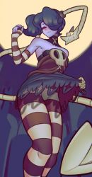Rule 34 | 1girl, absurdres, blue hair, blue skin, bridal gauntlets, clothes lift, colored skin, dress, dress lift, fujimna, gloves, graveyard, hair over one eye, highres, leggings, leviathan (skullgirls), looking at viewer, looking down, red eyes, side ponytail, skullgirls, solo, squigly (skullgirls), stitched mouth, stitches, striped clothes, striped gloves, striped leggings, zombie