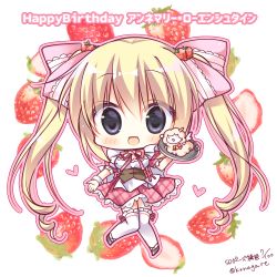 Rule 34 | 1girl, :d, blonde hair, blush, bow, breasts, character name, chibi, commentary request, copyright request, food, food-themed hair ornament, frilled thighhighs, frills, fruit, full body, grey eyes, grey footwear, hair between eyes, hair bow, hair ornament, happy birthday, heart, highres, holding, holding tray, long hair, looking at viewer, maid, medium breasts, open mouth, outline, pink bow, pink outline, pink skirt, plaid, plaid skirt, pleated skirt, puffy short sleeves, puffy sleeves, red ribbon, ribbon, ryuuka sane, shirt, shoes, short sleeves, signature, skirt, smile, solo, strawberry, strawberry hair ornament, thighhighs, tray, twintails, twitter username, very long hair, white background, white shirt, white thighhighs, wrist cuffs