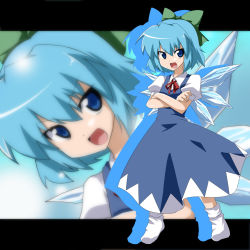 Rule 34 | &gt;:), 1girl, :d, blue eyes, blue hair, bow, cirno, crossed arms, dress, hair bow, kasu kazu, letterboxed, matching hair/eyes, no shoes, open mouth, ponytail, smile, solo, touhou, v-shaped eyebrows, wings, zoom layer