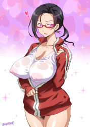 Rule 34 | 10s, 1girl, black hair, blush, breasts, covered erect nipples, demi-chan wa kataritai, female pubic hair, glasses, glowing, glowing eyes, heart, impossible clothes, jacket, joy ride, large breasts, looking at viewer, pink eyes, ponytail, pubic hair, purple eyes, satou sakie, see-through, sleeves past wrists, solo, sweat, track jacket, wet, wet clothes