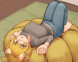 Rule 34 | 1girl, absurdres, alternate costume, alternate eye color, animal ear fluff, animal ears, barefoot, blonde hair, breasts, brown eyes, carpet, chanta (ayatakaoisii), chestnut mouth, contemporary, denim, fox ears, fox tail, hair between eyes, highres, indoors, jeans, large breasts, legs together, looking at viewer, lying, midriff, multiple tails, no headwear, on back, pants, paw pose, short hair, sidelocks, solo, sweatdrop, tail, tail stand, toes, touhou, v-neck, wooden floor, yakumo ran