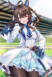 Rule 34 | 1girl, ahoge, belt, blue eyes, blurry, blurry background, blush, breasts, commentary request, daring tact (umamusume), gloves, hair between eyes, hair ornament, highres, looking at viewer, medium breasts, medium hair, open mouth, pantyhose, racetrack, shirokuma a, sky, solo, thighs, umamusume