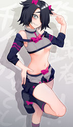 Rule 34 | 1girl, absurdres, bare shoulders, black eyes, black footwear, black hair, black shorts, black socks, bow, breasts, commentary, crop top, dasai yuuna, detached sleeves, foot out of frame, grin, hair bow, hair over one eye, hand on own hip, hand up, highres, indie virtual youtuber, kneehighs, leg up, long sleeves, looking at viewer, medium breasts, navel, pink bow, sharp teeth, short hair, short shorts, shorts, smile, socks, solo, st (youx1119), standing, standing on one leg, stomach, teeth, two side up, v, virtual youtuber