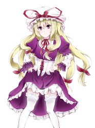 Rule 34 | 1girl, blonde hair, clothes lift, corset, dress, dress lift, garter straps, hair ribbon, hat, hat ribbon, highres, juliet sleeves, long hair, long sleeves, puffy sleeves, purple dress, purple eyes, ribbon, simple background, smile, solo, takitou, thighhighs, touhou, tress ribbon, very long hair, white background, white thighhighs, yakumo yukari, zettai ryouiki