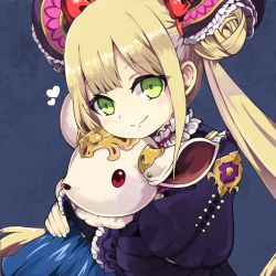 Rule 34 | 1girl, black dress, blonde hair, blunt bangs, bow, creature, cu-sith, double bun, dress, eyebrows, frills, green eyes, hair bow, hair bun, hair ornament, heart, holding, hug, long hair, looking at viewer, luna (shadowverse), puffy sleeves, red bow, red eyes, shadowverse, sidelocks, smile, solo, twintails, upper body