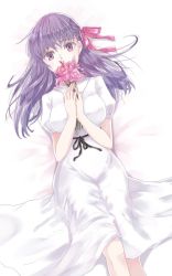 Rule 34 | 1girl, black ribbon, bouquet, breasts, dress, fate/stay night, fate (series), flower, from below, hair between eyes, hair ribbon, holding, holding bouquet, long hair, looking at viewer, lying, matou sakura, medium breasts, official alternate costume, on back, pink flower, purple eyes, purple hair, red ribbon, rei no himo, ribbon, ro96cu, short sleeves, simple background, solo, sundress, white background, white dress