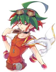 Rule 34 | 1boy, ahoge, between fingers, card, card between fingers, choker, dyed bangs, goggles, goggles on head, green hair, holding, holding card, looking at viewer, male focus, multicolored hair, open mouth, red eyes, red hair, red shirt, rento (rukeai), sakaki yuya, shirt, short sleeves, smile, solo, star (symbol), yu-gi-oh!, yu-gi-oh! arc-v