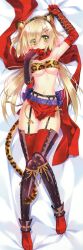 Rule 34 | 1girl, :o, absurdres, animal ears, animal print, arm up, armor, armpits, bandeau, blonde hair, blush, breasts, carnelian, cleavage, dakimakura (medium), elbow gloves, full body, fundoshi, garter belt, gloves, green eyes, hairband, highres, huge filesize, japanese armor, japanese clothes, kote, leopard ears, leopard print, long hair, looking at viewer, medium breasts, navel, ninja, no shoes, red gloves, scarf, solo, suneate, tabi, tail, tattoo, thigh gap, thighhighs, underboob, z/x