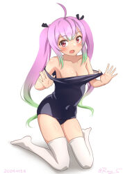 Rule 34 | 1girl, ahoge, black one-piece swimsuit, breasts, cleavage, clothes pull, fang, full body, gradient hair, green hair, hair ribbon, kantai collection, long hair, medium breasts, momo (kancolle), multicolored hair, old school swimsuit, one-hour drawing challenge, one-piece swimsuit, one-piece swimsuit pull, pink hair, ray.s, red eyes, ribbon, school swimsuit, simple background, sitting, skin fang, solo, swimsuit, thighhighs, twintails, wariza, white background, white thighhighs