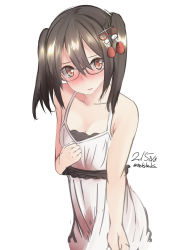Rule 34 | 10s, 1girl, 2015, alternate costume, artist name, bad id, bad pixiv id, bespectacled, blush, brown hair, clothes pull, collarbone, dated, dress, dress pull, glasses, hair ornament, heart, heart-shaped pupils, kantai collection, looking at viewer, nekobaka, parted lips, sendai (kancolle), short hair, signature, simple background, sketch, sleeveless, sleeveless dress, solo, symbol-shaped pupils, upper body, white background, white dress