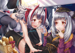 Rule 34 | 2girls, absurdres, ahoge, alternate costume, arknights, artist name, bag, baguette, bandaged leg, bandages, bare arms, bare shoulders, beret, black dress, black headwear, black legwear, blush, bread, breasts, chinese commentary, commentary request, dress, food, hands up, hat, highres, holding, horns, huge filesize, jacket, looking at another, medium breasts, multiple girls, nail polish, one eye closed, open clothes, open jacket, orange eyes, orange sweater, paper bag, pointy hair, ptilopsis (arknights), purple jacket, red nails, scaleph, short hair, silver hair, sleeveless, sweater, thighhighs, thighs, w (arknights)