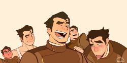 Rule 34 | 2boys, angry, artist name, avatar legends, bara, black hair, blush, bolin, brown jacket, closed mouth, cum, cum in mouth, cum on tongue, expressions, facial, fucked silly, green eyes, highres, jacket, male focus, multiple boys, muscular, muscular male, nyuudles, one eye closed, open mouth, short hair, smile, tank top, the legend of korra, thick eyebrows, white tank top, yaoi