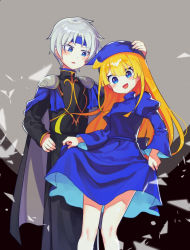Rule 34 | 1boy, 1girl, absurdres, armor, blonde hair, blue eyes, blunt bangs, blush, grey hair, hand on another&#039;s head, headband, highres, long hair, looking at another, looking at viewer, offbeat, open mouth, parted lips, puyopuyo, schezo wegey, short hair, smile, thighs, witch (puyopuyo)