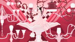 Rule 34 | 1girl, bow, brown hair, chandelier, dress, hair bow, highres, holding, holding knife, knife, long dress, long hair, looking at viewer, original, pink bow, pink dress, puffy short sleeves, puffy sleeves, red eyes, red theme, short sleeves, skna i, solo, straight hair, wide shot