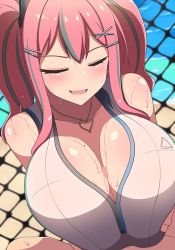 Rule 34 | 1boy, 1girl, animated, animated gif, azur lane, bare shoulders, blush, breasts, bremerton (azur lane), bremerton (scorching-hot training) (azur lane), censored, cleavage, clothed female nude male, crop top, hair ornament, hairclip, huge breasts, jewelry, long hair, mole, mole on breast, necklace, nude, open mouth, paizuri, paizuri under clothes, penis, pink hair, smile, sportswear, sweat, twintails, yuzutei