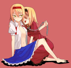 Rule 34 | 2girls, alice margatroid, alternate color, bad id, bad pixiv id, barefoot, blonde hair, chain, collar, dual persona, female focus, hair over eyes, hairband, ke-su, leash, medicine melancholy, multiple girls, open clothes, open shirt, player 2, selfcest, shirt, slave, time paradox, touhou, yellow eyes, yuri