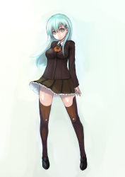 Rule 34 | 10s, 1girl, absurdres, aqua hair, bad id, bad pixiv id, breasts, hair ornament, hairclip, highres, johan (johan13), kantai collection, long hair, looking at viewer, personification, school uniform, simple background, skirt, smile, solo, suzuya (kancolle), thighhighs, yellow eyes, zettai ryouiki
