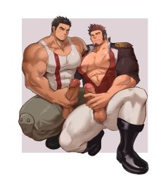 Rule 34 | 2boys, abs, absurdres, akihiro altland, bara, black hair, blush, brown hair, commission, covered abs, crossover, dark skin, dark-skinned male, epaulettes, covered erect nipples, erection, facial hair, fate/grand order, fate (series), fringe trim, goatee, gundam, gundam tekketsu no orphans, highres, jacket, large pectorals, large penis, long sideburns, male focus, male masturbation, manly, masturbation, military, military uniform, multiple boys, muscular, napoleon bonaparte (fate), nipples, open clothes, open jacket, pants, pectoral docking, pectoral press, pectorals, penis, topless male, sideburns, smile, squatting, tank top, testicles, thick thighs, thighs, tight clothes, unbuttoned, uncensored, uniform, white pants, xianyusamuel, yaoi