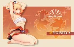 Rule 34 | 1girl, armpits, arms up, bandages, bandeau, bare legs, barefoot, blonde hair, breasts, character name, chest sarashi, cleavage, commentary, commission, dexx (ent), earrings, english commentary, genshin impact, highres, jewelry, looking at viewer, medium breasts, midriff, sarashi, seiza, short hair, sitting, smile, solo, stomach, strapless, thighs, tube top, underboob, yellow eyes, yoimiya (genshin impact)