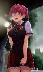 Rule 34 | 1girl, absurdres, alternate costume, arrow through heart, blush, breasts, breath, d:, eyepatch, flashlight, hair between eyes, highres, holding, holding flashlight, hololive, houshou marine, koubou (cowbow kun), long hair, medium breasts, open mouth, rain, red eyes, red hair, red neckwear, red skirt, shirt, skirt, skirt grab, solo, sweatdrop, tunnel, twintails, vest, virtual youtuber