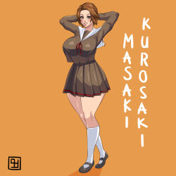 Rule 34 | 1girl, absurdres, arms behind head, arms up, bleach, bleach: sennen kessen-hen, breasts, brown eyes, brown hair, character name, highres, huge breasts, kurosaki masaki, large breasts, legs, looking at viewer, mature female, school uniform, short hair, smile, solo, tagme, thick thighs, thighs, wide hips