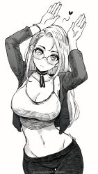 Rule 34 | 1girl, armpit peek, breasts, cleavage, glasses, heart, highres, hip bones, large breasts, long hair, magion02, midriff, monochrome, navel, neck ribbon, original, rabbit pose, ribbon, signature, simple background, solo, spoken heart, white background