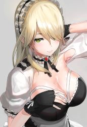 Rule 34 | 1girl, apron, black dress, black gloves, blonde hair, blush, breasts, brooch, cleavage, closed mouth, collar, dress, fingerless gloves, frilled collar, frills, gloves, green eyes, grey background, hand in own hair, jewelry, kfr, large breasts, long hair, looking at viewer, maid, maid headdress, mole, mole on breast, mole under eye, original, puffy short sleeves, puffy sleeves, short sleeves, simple background, smile, solo