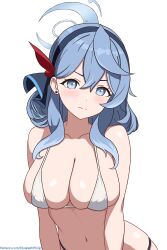 Rule 34 | 1girl, absurdres, ako (blue archive), artist name, artist request, bikini, blue archive, blue hair, blue halo, blush, breasts, closed mouth, earrings, embarrassed, facing viewer, female focus, halo, highres, jewelry, large breasts, looking at viewer, matching hair/eyes, shiny skin, simple background, solo, standing, swimsuit, upper body, watermark, web address, white background, white bikini