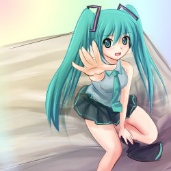 Rule 34 | 1girl, aqua eyes, aqua hair, female focus, hatsune miku, long hair, looking at viewer, minazuki (jo), necktie, open mouth, outstretched arm, outstretched hand, reaching, sitting, skirt, solo, twintails, vocaloid