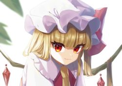 Rule 34 | 1girl, ascot, blonde hair, blunt bangs, blurry, blurry foreground, bow, closed mouth, commentary request, crystal, depth of field, flandre scarlet, frilled shirt collar, frills, hat, hat bow, highres, light smile, long hair, looking at viewer, maguri rei, mob cap, one side up, red bow, red eyes, red vest, simple background, solo, touhou, tsurime, upper body, vest, white background, white hat, wings, yellow ascot