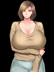 Rule 34 | breasts, cleavage, dark background, highres, large breasts, looking at viewer, mature female, morino kuma, short hair, simple background