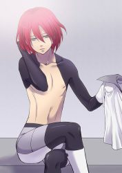 Rule 34 | 1boy, androgynous, child, green eyes, inazuma eleven, inazuma eleven (series), kiyama hiroto, crossed legs, male focus, pectorals, red hair, topless male, short hair, skin tight, solo, trap, undressing
