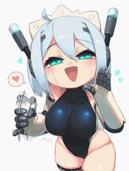Rule 34 | 1girl, absurdres, ahoge, android, artist name, black leotard, blue hair, breasts, cowboy shot, dated, green eyes, groin, hair between eyes, half-closed eyes, hand up, handjob gesture, heart, highres, joints, large breasts, leotard, light blue hair, looking at viewer, mechanical arms, mechanical parts, naughty face, open mouth, original, pinky out, porforever, prosthesis, prosthetic arm, raised eyebrows, robot ears, robot girl, robot joints, sexually suggestive, short hair, single mechanical arm, smile, solo, spoken heart, thighhighs, triangle mouth, white background, white headdress, zettai ryouiki