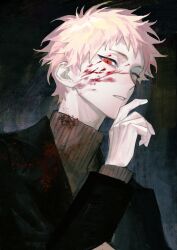 Rule 34 | 1boy, atou haruki, black jacket, blonde hair, blood, blood on clothes, blood on face, brown sweater, chinese commentary, commentary request, finger to own chin, highres, jacket, konekoy, long sleeves, male focus, multicolored hair, one eye closed, open clothes, open jacket, pink hair, red eyes, ribbed sweater, saibou shinkyoku, short hair, solo, spoilers, sweater, turtleneck, turtleneck sweater