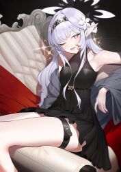 Rule 34 | 1girl, alternate costume, belt, black dress, black hairband, blue archive, blush, breasts, collarbone, dress, feet out of frame, flower, grey hair, hair flower, hair ornament, hairband, halo, highres, himari (blue archive), long hair, looking at viewer, mole, mole under eye, one eye closed, open mouth, pointy ears, purple eyes, purple halo, sitting, sleeveless, sleeveless dress, small breasts, smile, solo, striped clothes, striped hairband, thigh belt, thigh strap, white flower, zanya 000