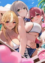 Rule 34 | 3girls, :d, bikini, blonde hair, blue sky, blurry, blush, breasts, closed mouth, commentary, dark-skinned female, dark skin, depth of field, eyewear around neck, food, green eyes, grey hair, hand on another&#039;s stomach, hand on own cheek, hand on own face, heterochromia, highres, hololive, houshou marine, houshou marine (summer), ice cream, ice cream cup, large breasts, long hair, looking at viewer, mole, mole on breast, multicolored hair, multiple girls, niii (memstapak), open mouth, orange eyes, red eyes, red hair, shiranui flare, shirogane noel, shirogane noel (summer 2020), short hair, sky, smile, strap gap, streaked hair, swimsuit, symbol-only commentary, twintails, underboob, virtual youtuber, white hair