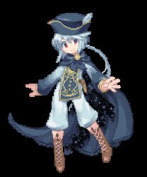 Rule 34 | belt, black headwear, boots, brown footwear, cape, floating, grey cape, grey hair, hat feather, looking at viewer, lowres, naname (fossama1), original, outstretched arms, pixel art, red eyes, short hair, simple background, smile, solo, transparent background
