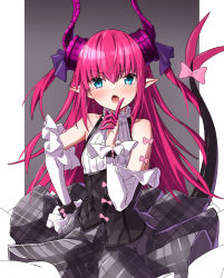 Rule 34 | 1girl, asymmetrical horns, bare shoulders, black corset, blue eyes, blush, bow, corset, detached sleeves, dragon girl, dragon horns, dragon tail, elizabeth bathory (fate), elizabeth bathory (fate/extra ccc), elizabeth bathory (second ascension) (fate), fangs, fate/extra, fate/extra ccc, fate/grand order, fate (series), finger to mouth, framed, grey skirt, halterneck, highres, horns, idol clothes, long hair, looking at viewer, open mouth, pink bow, pink hair, plaid, plaid skirt, pointy ears, simple background, skirt, solo, tail, tail bow, tail ornament, takanashi kei (hitsujikan), uneven horns, white sleeves