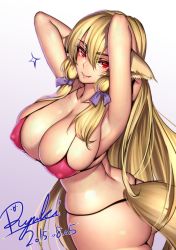 Rule 34 | 10s, 1girl, 2015, animal ears, arms up, ass, bikini, blonde hair, blush, breasts, cleavage, covered erect nipples, curvy, dated, fang, fang out, female focus, fox ears, fox tail, gradient background, hair over shoulder, hair ribbon, highres, large breasts, long hair, looking at viewer, pink bikini, red eyes, ribbon, ryuki@maguro-ex, sidelocks, signature, simple background, smile, solo, sparkle, swimsuit, tail, twisted torso, veins, veiny breasts, wide hips