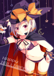 Rule 34 | 1girl, bikini, blush, bridal gauntlets, brooch, cape, earrings, elbow gloves, gloves, halloween, hand on headwear, hand on own hip, happy halloween, hat, jewelry, looking at viewer, original, red eyes, short hair, shuri asana, side-tie bikini bottom, solo, star (symbol), stomach, striped clothes, striped thighhighs, swimsuit, thighhighs, toosaka asagi, white hair, witch hat