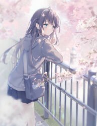 Rule 34 | 1girl, bag, black hair, black skirt, blue eyes, bottle, branch, cherry blossoms, closed mouth, commentary request, day, earbuds, earphones, flower, grey hoodie, highres, holding, holding earphones, hood, hood down, hoodie, looking away, looking to the side, one side up, original, outdoors, pink flower, pleated skirt, railing, shoulder bag, skirt, smile, solo, suzumori uina, water bottle