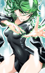 Rule 34 | 1girl, absurdres, black dress, blush, breasts, clenched teeth, covered navel, curly hair, dress, green eyes, green hair, highres, looking at viewer, one-punch man, small breasts, solo, tatsumaki, teeth, telekinesis, tochi keisuke