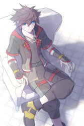 Rule 34 | 1boy, absurdres, armchair, belt, black belt, black pants, black shirt, blue eyes, brown hair, chain necklace, chair, closed mouth, crossed legs, from above, gongju s2, highres, jacket, jewelry, kingdom hearts, necklace, on chair, open clothes, open jacket, pants, shirt, shoes, short hair, short sleeves, sitting, solo, sora (kingdom hearts), spiked hair, tile floor, tiles